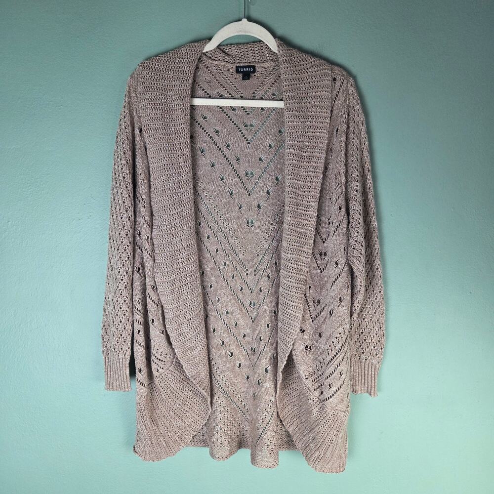 Torrid Womens 1 Tan Pointelle Cardigan Curved Hem Sweater Cozy Layering Spring